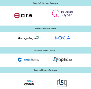 Banner showing SecuR&E partners by sponsorship level. Platinum Partners: CIRA and Quorum Cyber. Gold Partners: ManageEngine and Nokia. Silver Partners: Cirrus Identity and Technologies Optic.ca. Bronze Partners: Cybera and RISQ (Réseau d’informations scientifiques du Québec).