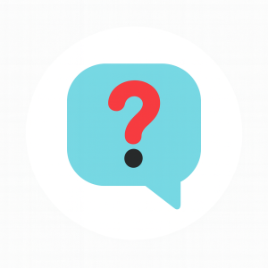 black, red and blue icon with a questions mark inside a speech bubble