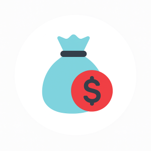 black, red and blue icon of a pouch with a dollar sign on it