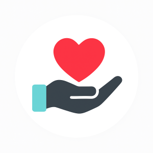 blue. black and red icon with a hand holding a heart