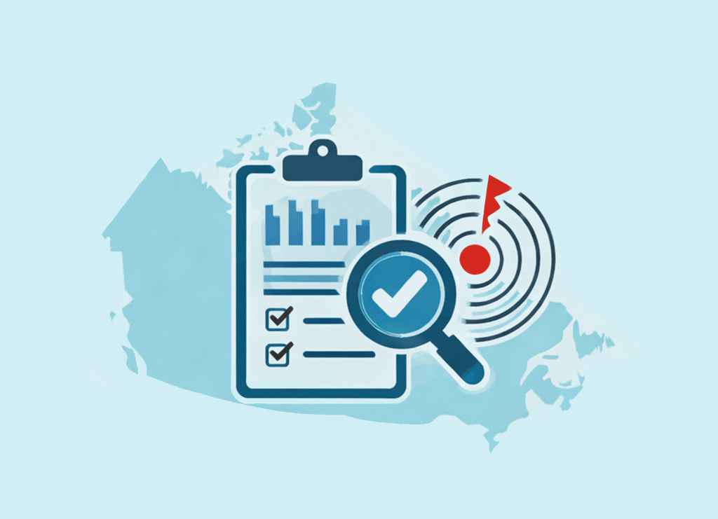 Infographic showing a clipboard with a cybersecurity checklist and a magnifying glass over a checkmark, set against a simplified map of Canada, representing cybersecurity assessment and review.