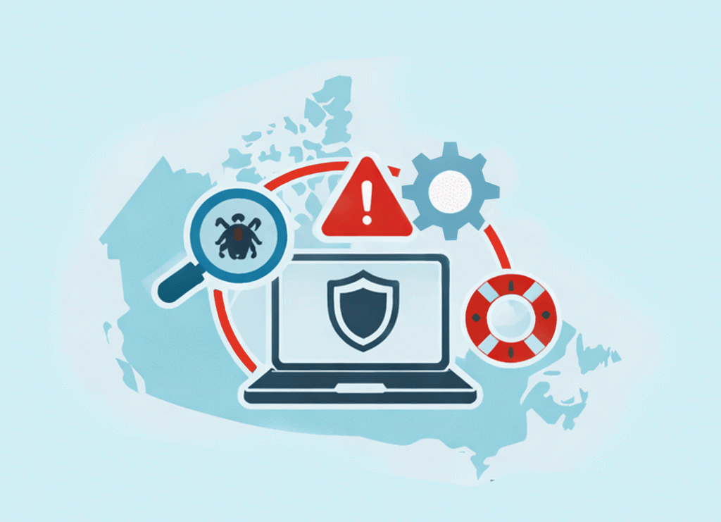 Infographic showing cybersecurity services represented by interconnected security icons around a central shield, using CANARIE’s cyan and teal colour palette on a light cyan background.
