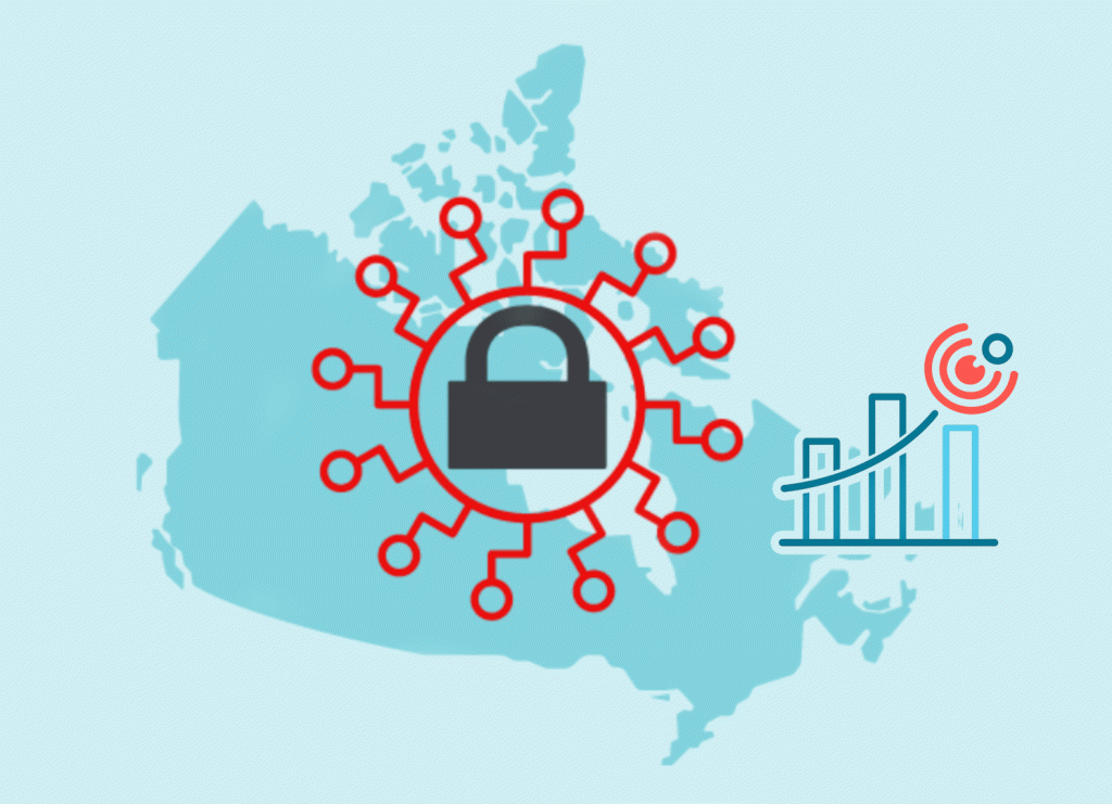 Illustration of a light blue map of Canada with a central padlock symbol, surrounded by red circuit lines connecting cybersecurity icon of a bar chart representing analytics and Cybersecurity Benchmarking Services.