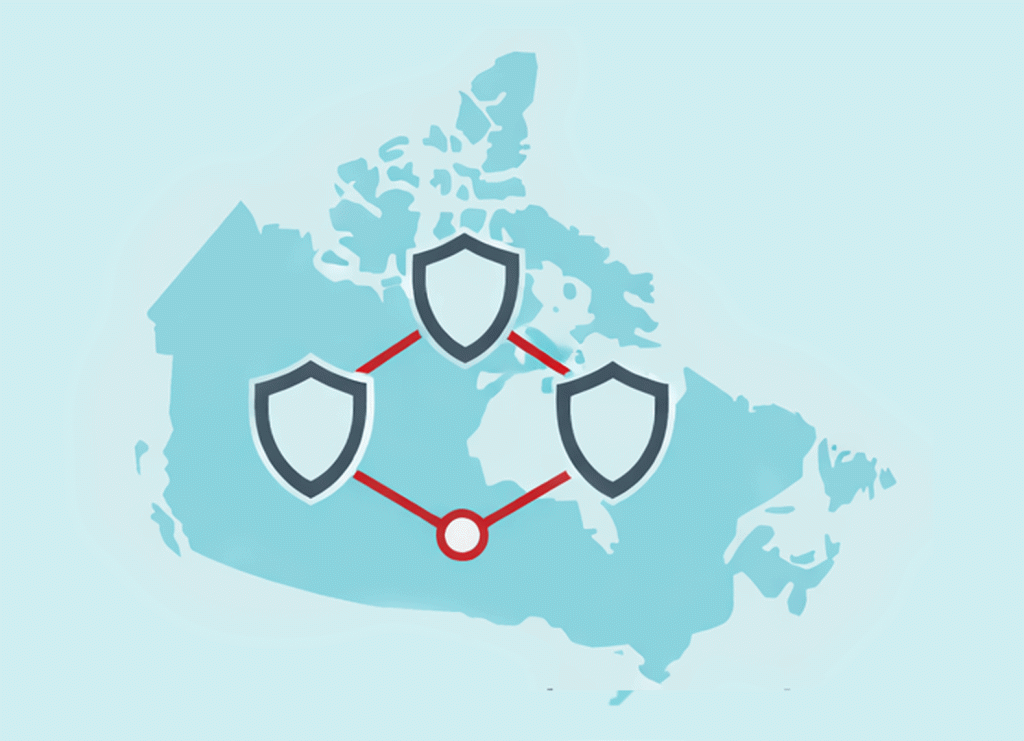 Infographic showing a map of Canada in aqua with a red circular network symbol superimposed over it and a central padlock, representing shared security operations