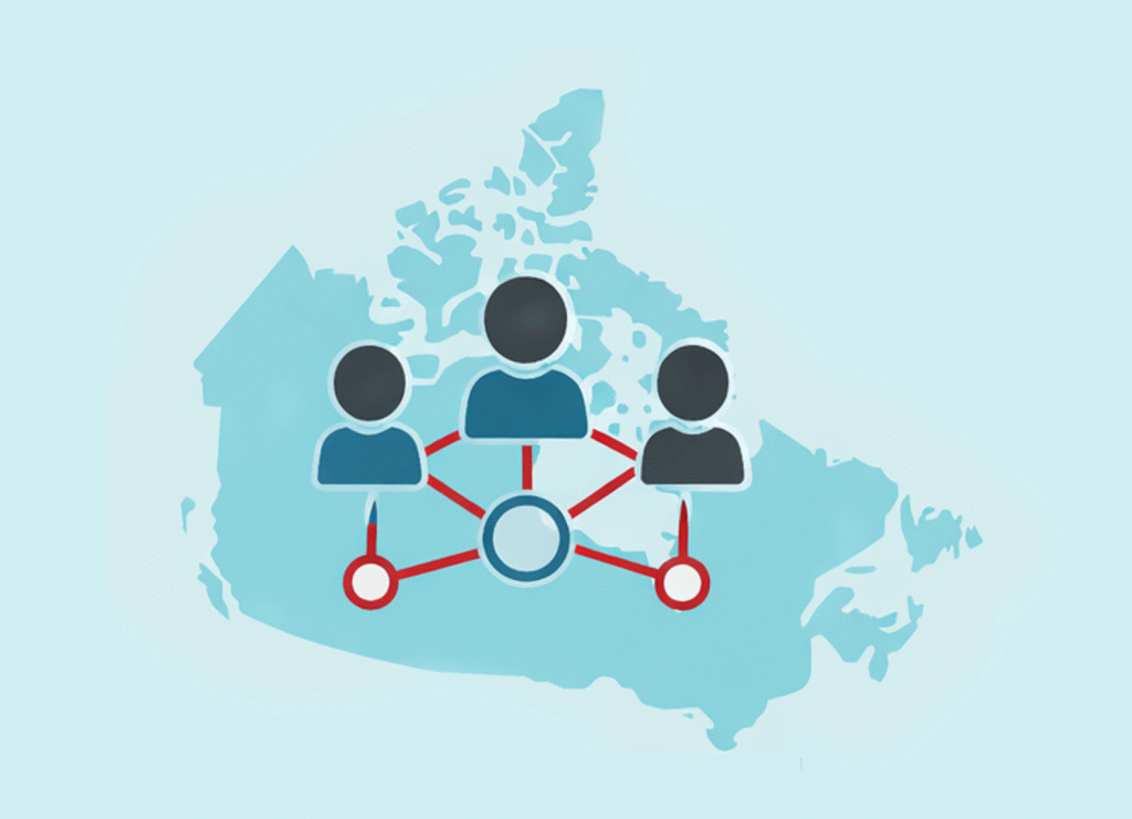 Infographic showing a stylized map of Canada overlaid with network-style red lines and a central padlock symbol, representing cybersecurity collaboration hub