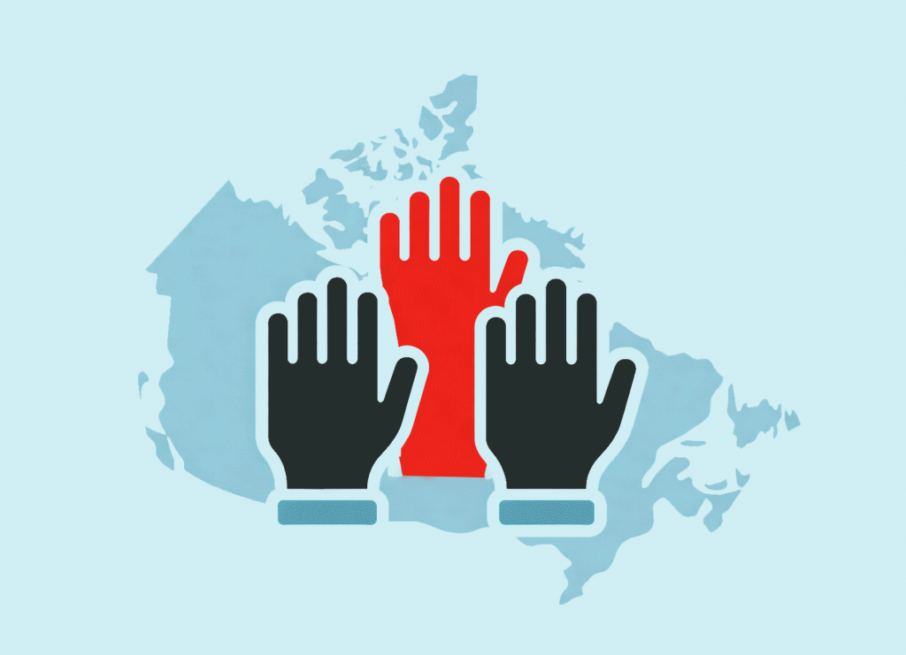Infographic showing raised hands symbolizing community participation layered over a map of Canada, representing a community spotlight within a national cybersecurity context.