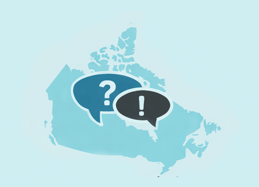 Infographic showing a light blue stylized map of Canada with multiple question mark icons and document-like shapes connected by network lines, representing frequently asked questions and informational resources across the country.