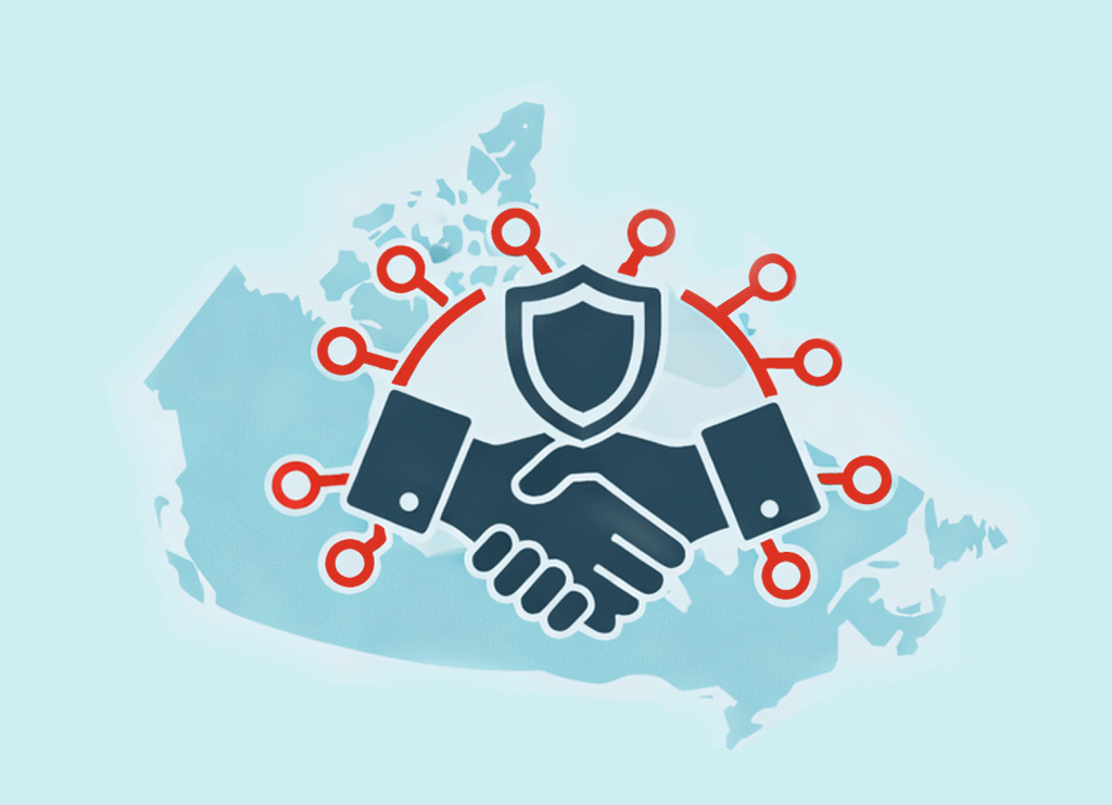 Infographic of a blue Canadian map with protection shield, data nodes, and hands shaking, representing participation in national cybersecurity initiatives.