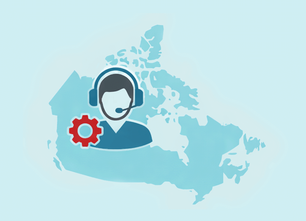 Infographic of a stylized Canadian map in aqua with concentric teal and red network signals radiating outward, representing cybersecurity support and monitoring across the country.