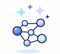 Illustration of interconnected nodes in soft navy, lavender, and blue tones with star accents, representing connectivity and collaboration.
