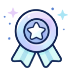 Round medal with a central star and ribbon tails, in blue and purple tones with small decorative stars around it.