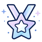Star-shaped medal with a hanging ribbon, outlined in dark blue with light blue and purple accents and small stars around it.