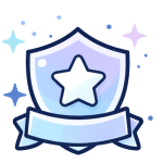 Shield-shaped badge with a central star and ribbon banner, in blue and purple tones with small decorative stars around it.
