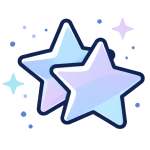 Two overlapping star shapes in blue and purple tones with small decorative stars and dots surrounding them.