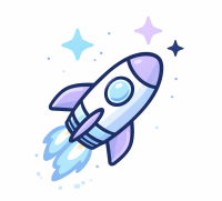 Illustration of a stylized spaceship in soft navy, lavender, and blue tones with star accents, representing exploration and innovation.