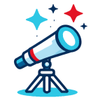 Illustration of a telescope on a tripod with blue, teal, and red star accents, representing discovery and exploration.