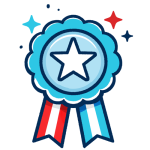 Blue award ribbon with a central star and red and blue tails, symbolizing excellence and achievement.