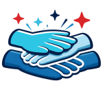 Three overlapping hands in blue tones with red and blue star accents, representing collaboration and inclusion.