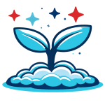 Small green plant with two leaves growing from a blue base, surrounded by star accents, symbolizing growth and resilience.