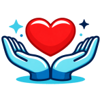Two open hands holding a red heart with star accents above, representing care, support, and service.